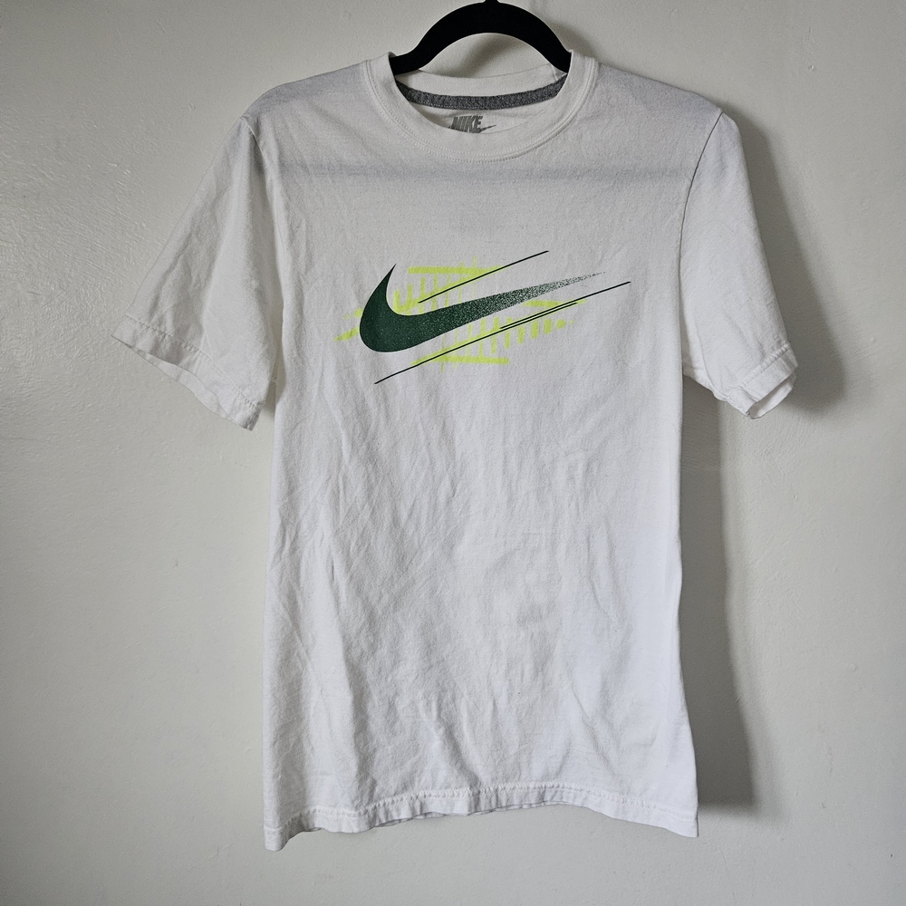 Nike Men's White Tee with Green and Yellow Swoosh